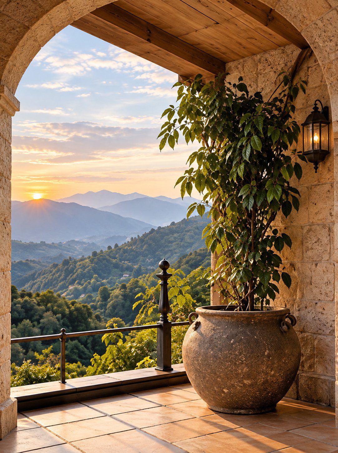 A stone terrace at sunset, with a planted urn and hills beyond the railing