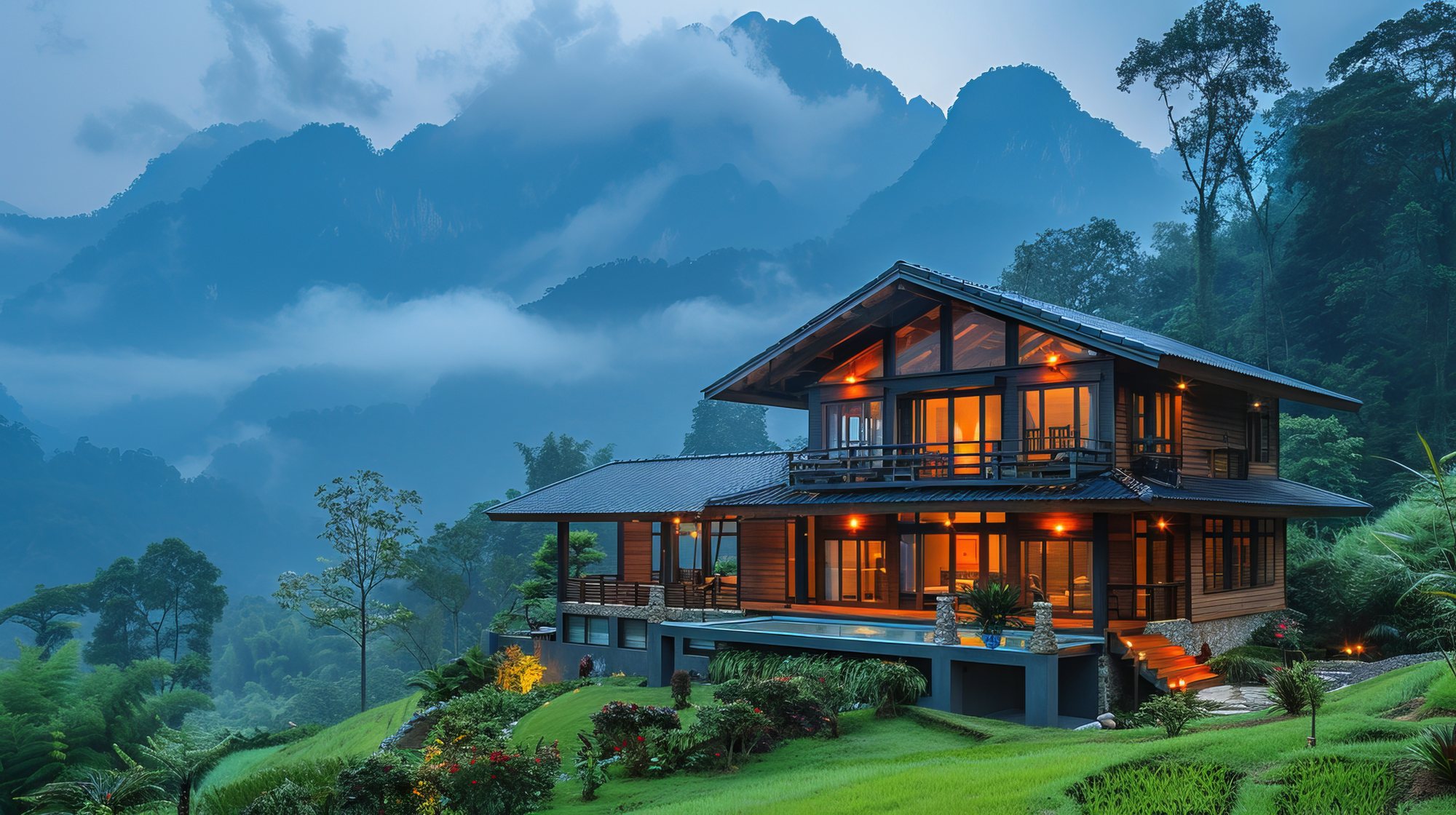 A private timber house glowing at dusk, set on a hillside above mist and mountains